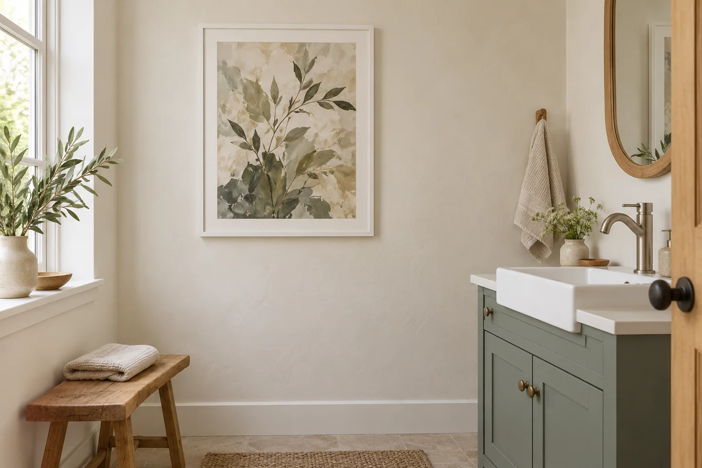 AI-generated small bathroom style concept with a framed botanical print and a sage vanity; not an actual installation